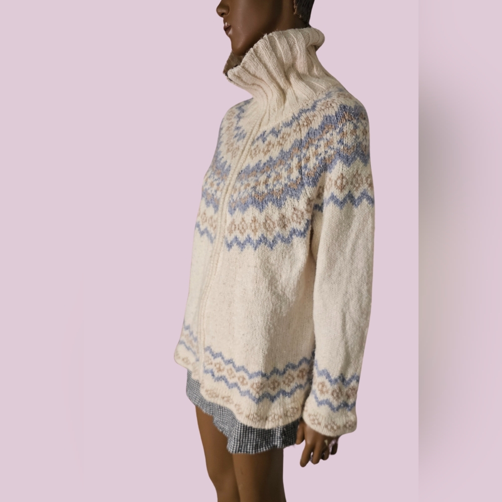 Vintage Cozy Pastel Cream and Blue Women's Zip Up Sweater Size XL
